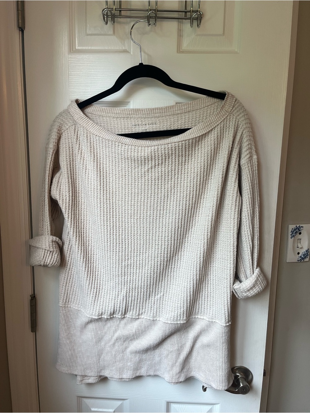 American Eagle Outfitters Cream Off-Shoulder Waffle Knit Sweater